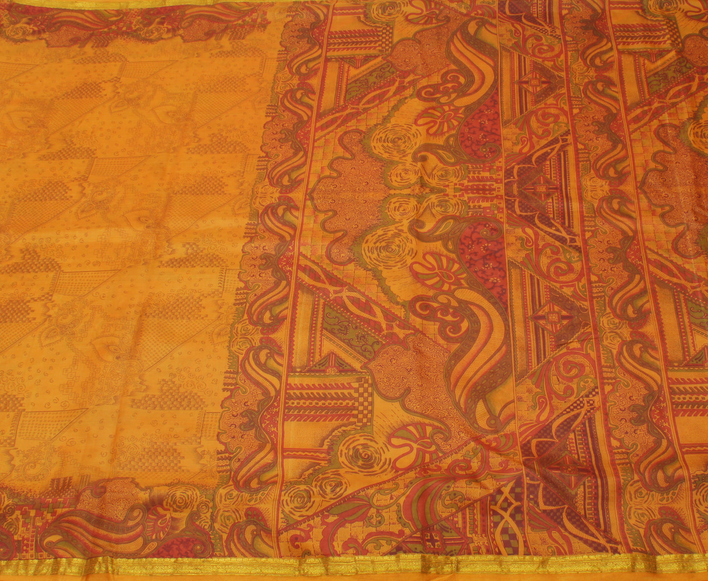Sushila Vintage Mustard Saree 100% Pure Silk Printed 5 Yard Soft Craft Fabric