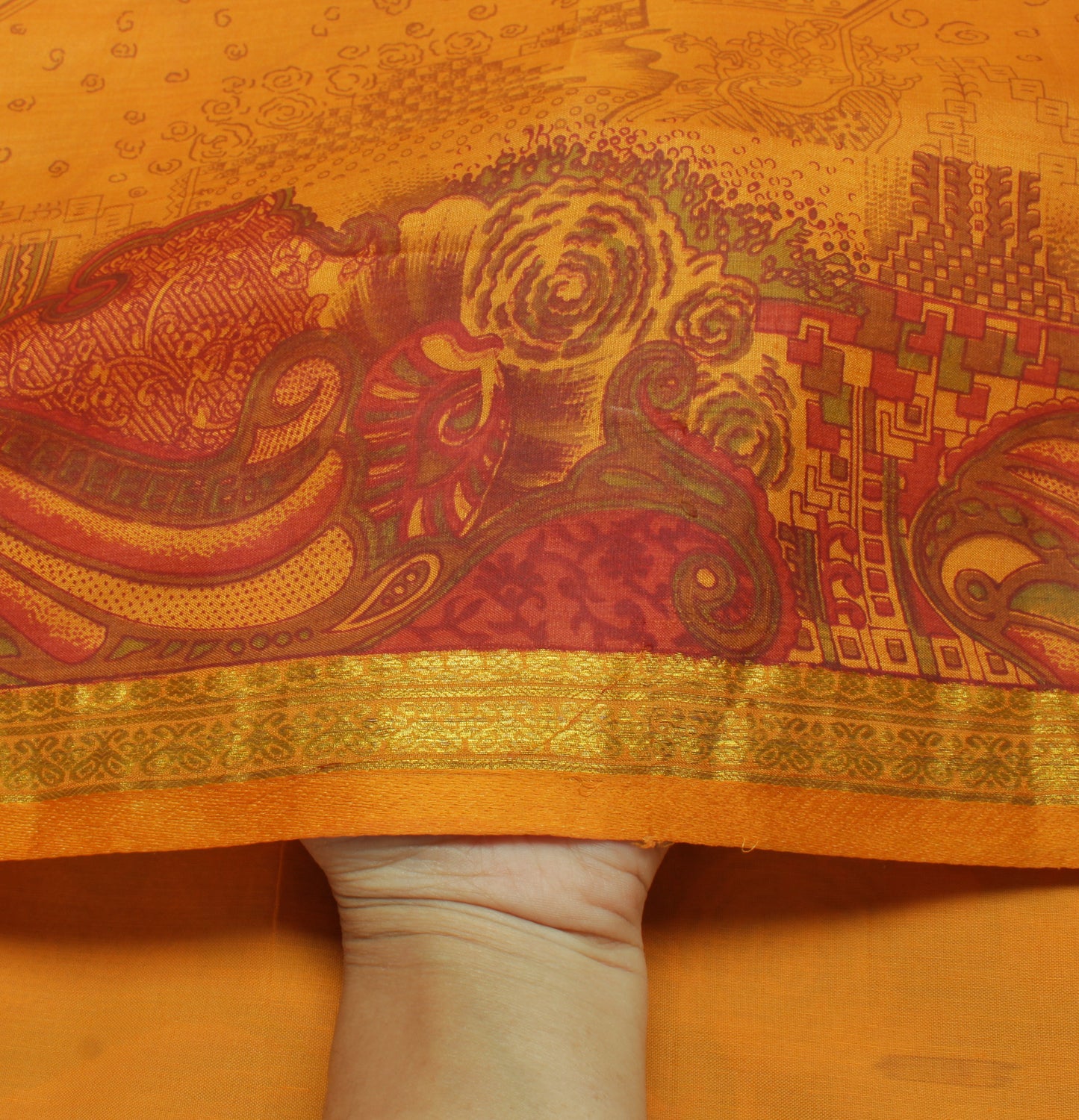 Sushila Vintage Mustard Saree 100% Pure Silk Printed 5 Yard Soft Craft Fabric