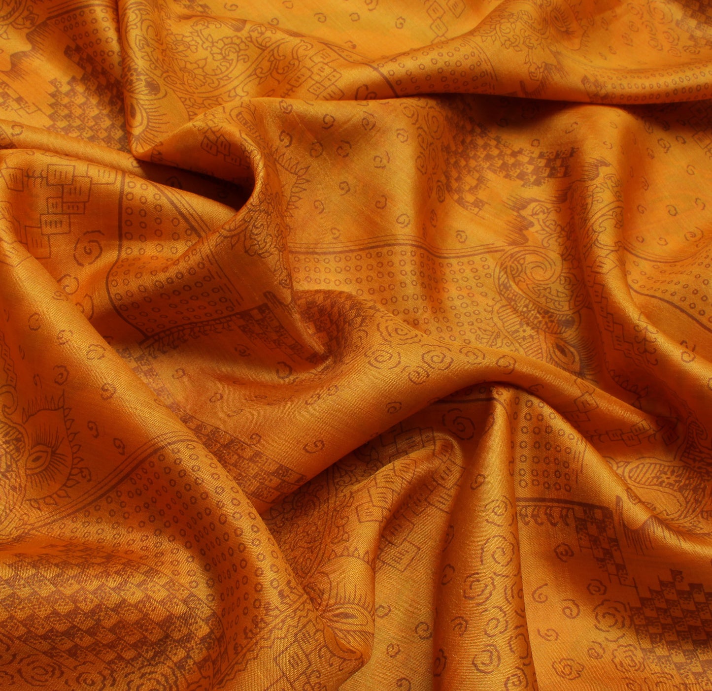 Sushila Vintage Mustard Saree 100% Pure Silk Printed 5 Yard Soft Craft Fabric