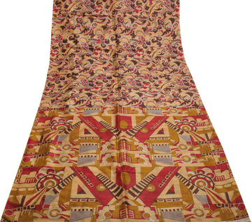 Sushila Vintage Light Brown Saree 100% Pure Silk Printed Soft Craft Sari Fabric