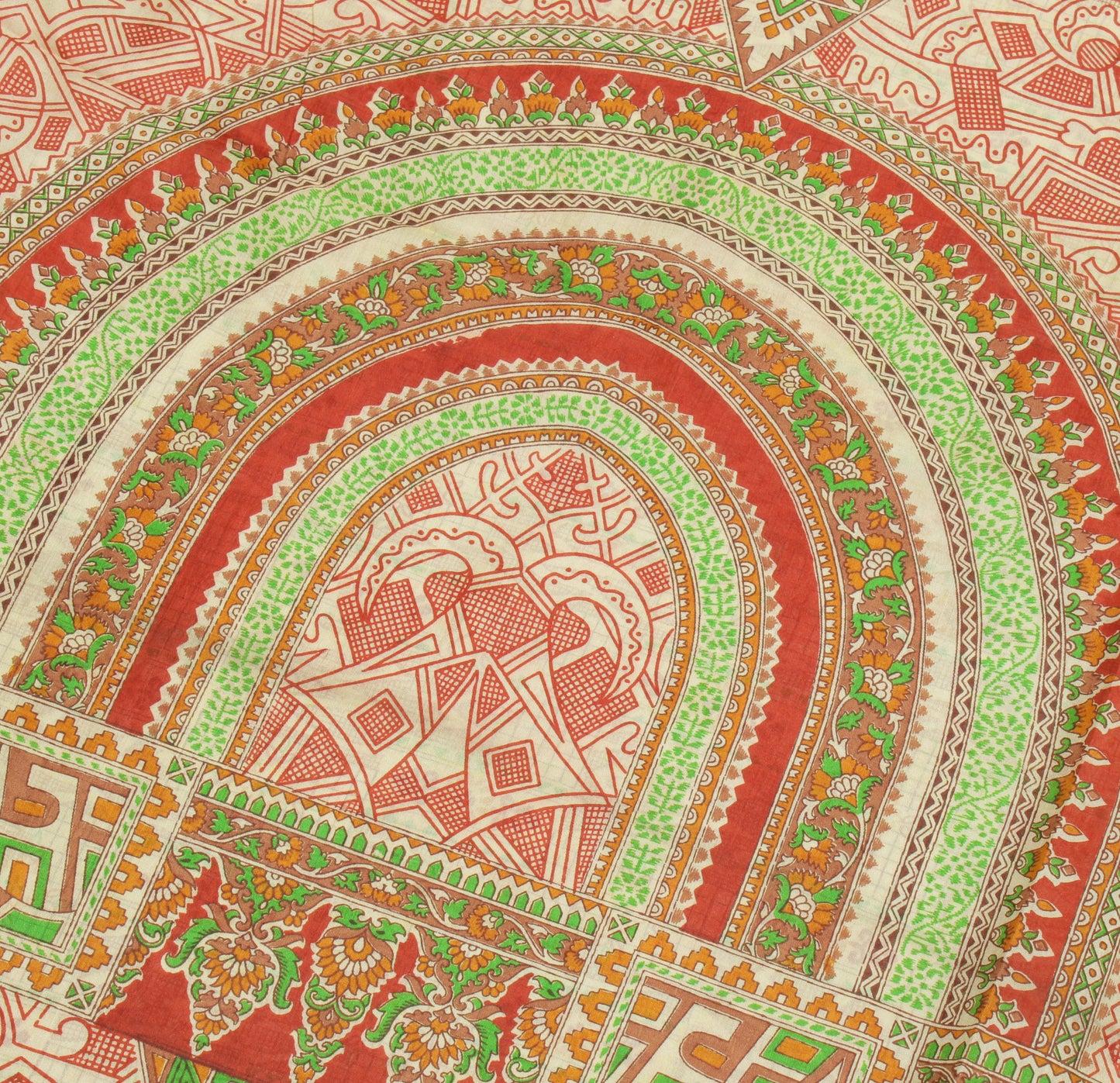 Sushila Vintage Cream Indian Saree 100% Pure Silk Printed Soft Craft 5 YD Fabric
