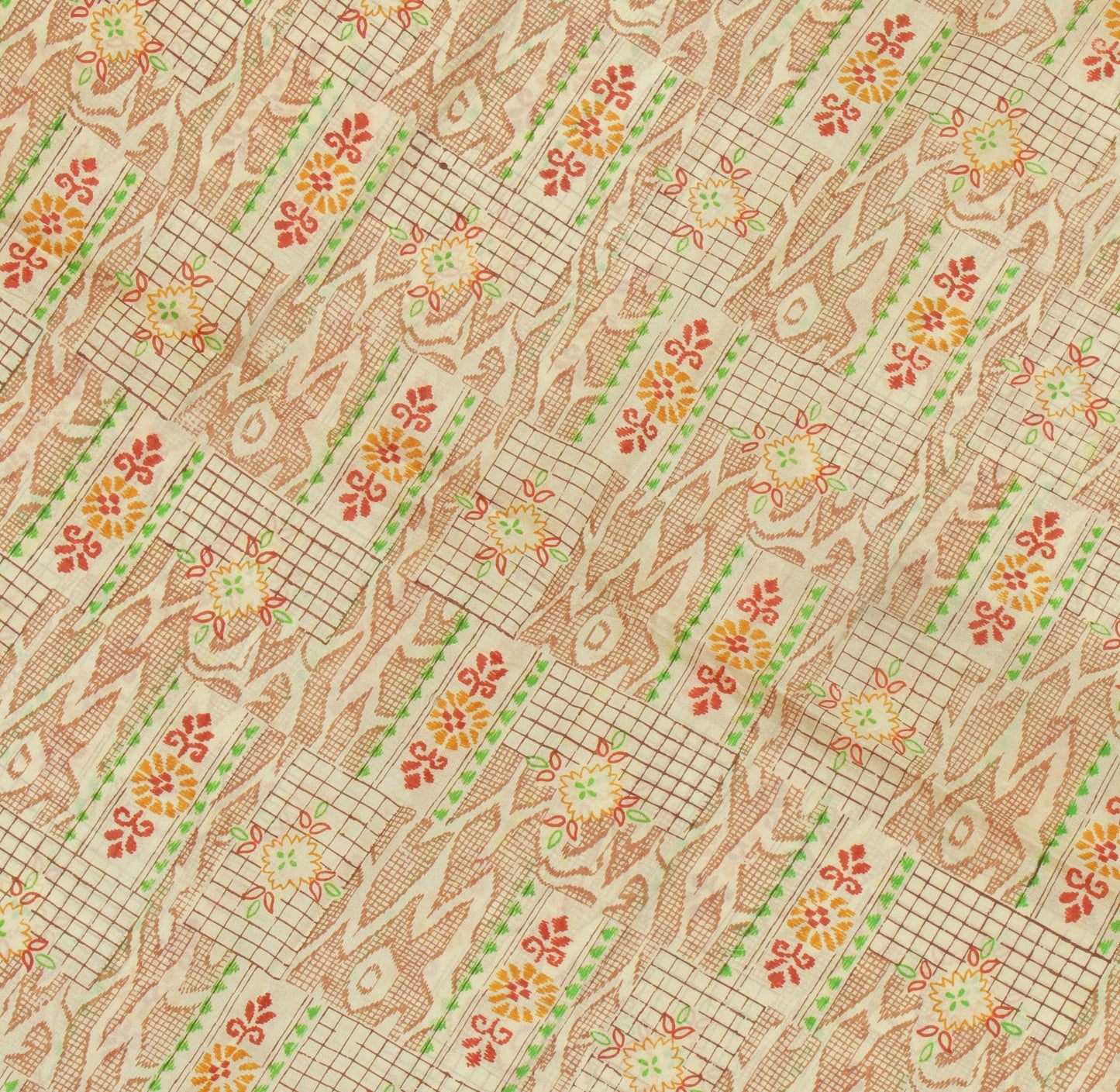 Sushila Vintage Cream Indian Saree 100% Pure Silk Printed Soft Craft 5 YD Fabric