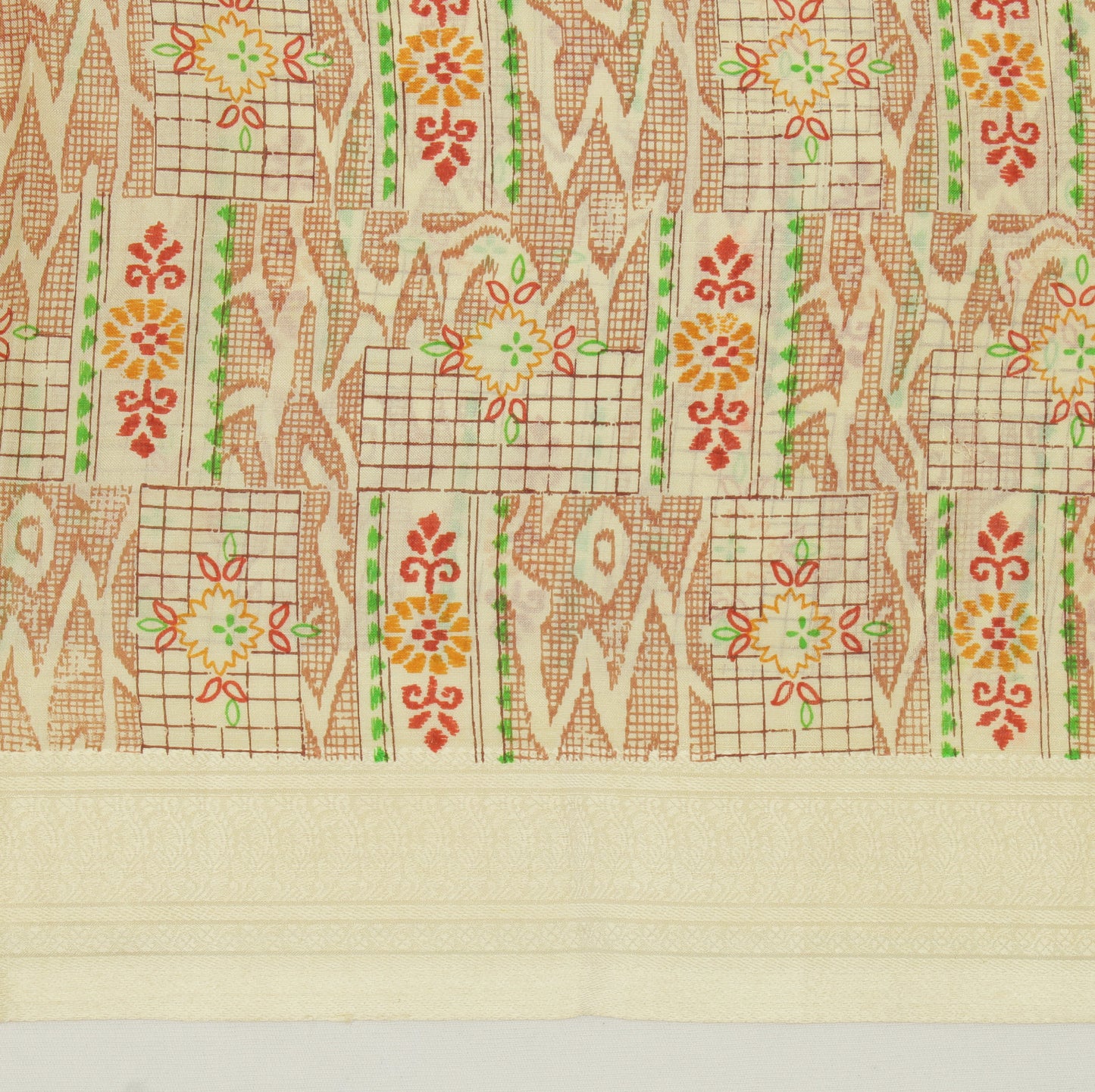 Sushila Vintage Cream Indian Saree 100% Pure Silk Printed Soft Craft 5 YD Fabric