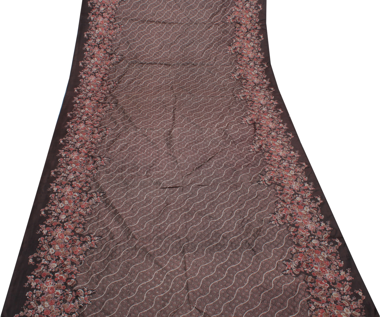 Sushila Vintage Brown Indian Saree 100% Pure Silk Printed  Soft Craft Fabric