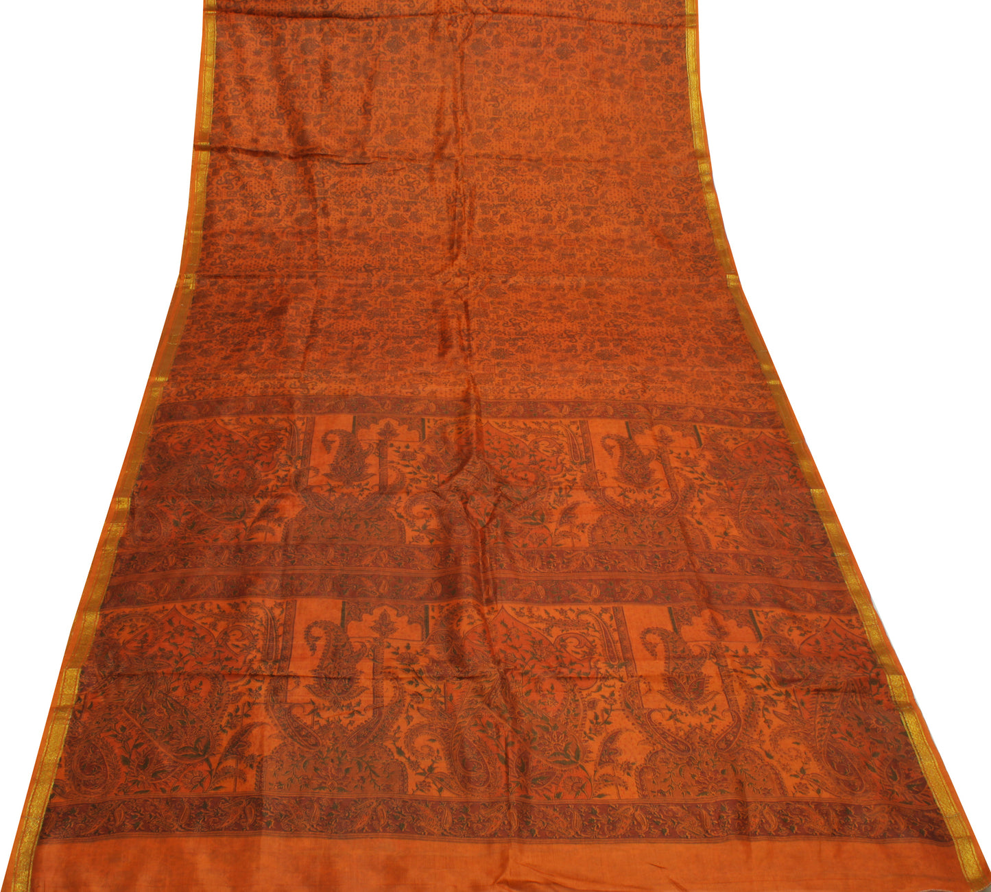 Sushila Vintage Rust Saree 100% Pure Silk Printed Paisley Soft Craft Fabric