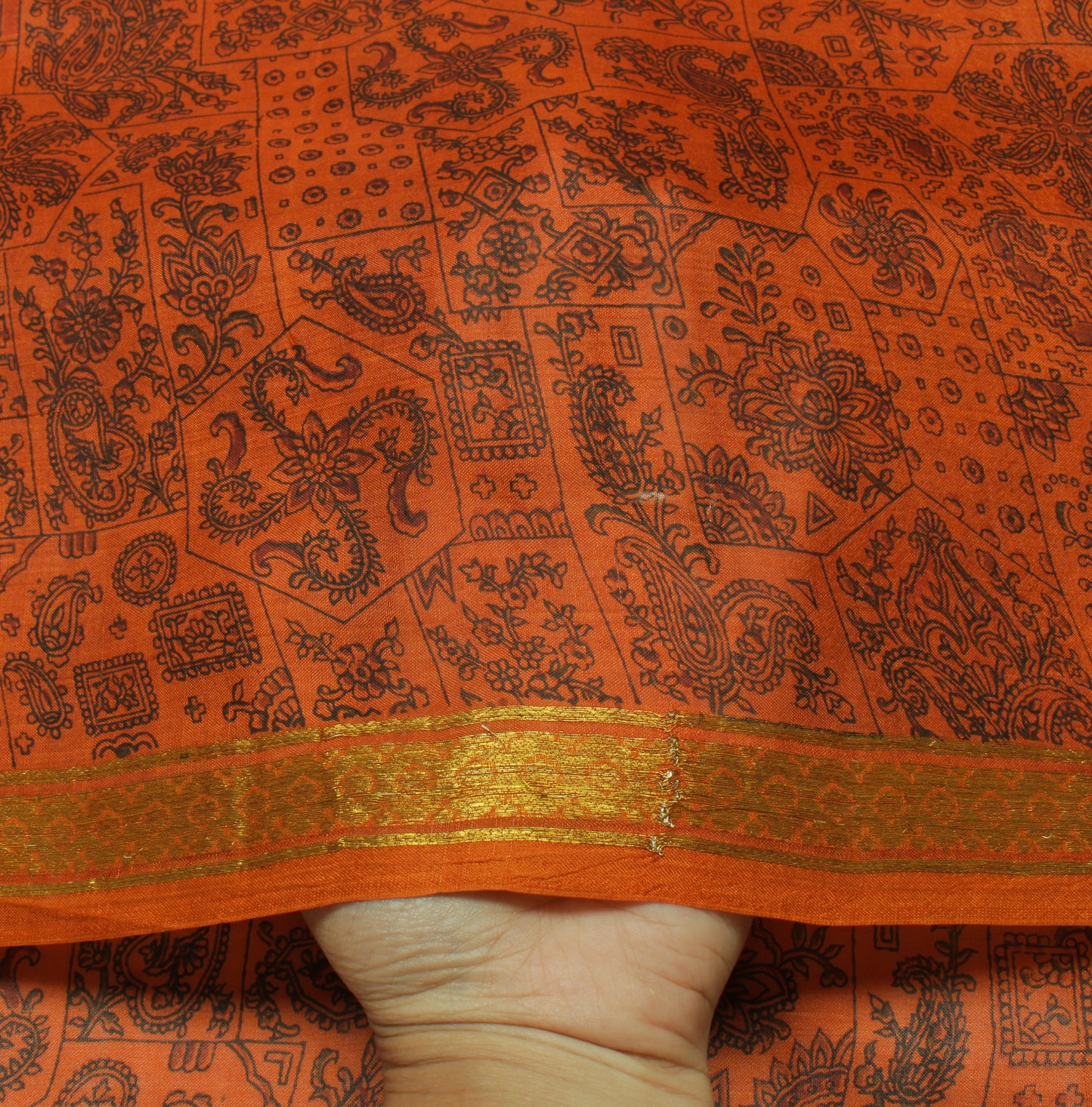 Sushila Vintage Rust Saree 100% Pure Silk Printed Paisley Soft Craft Fabric