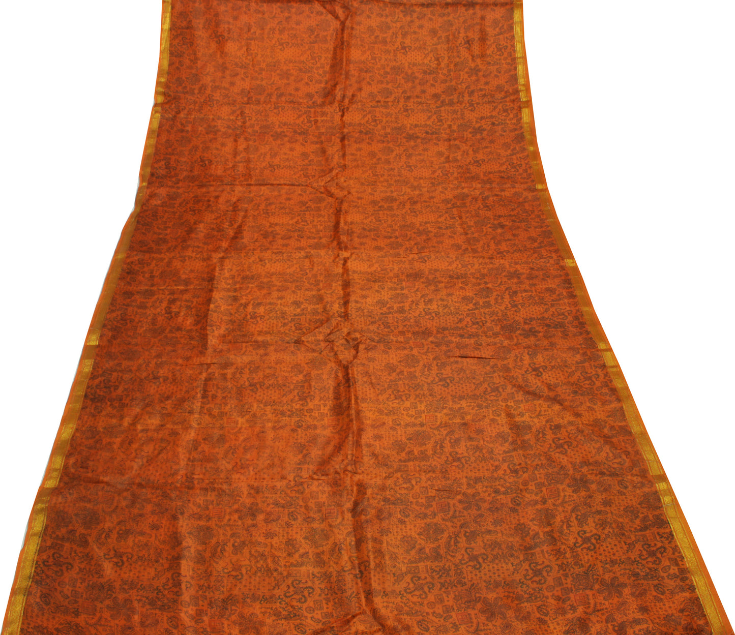 Sushila Vintage Rust Saree 100% Pure Silk Printed Paisley Soft Craft Fabric