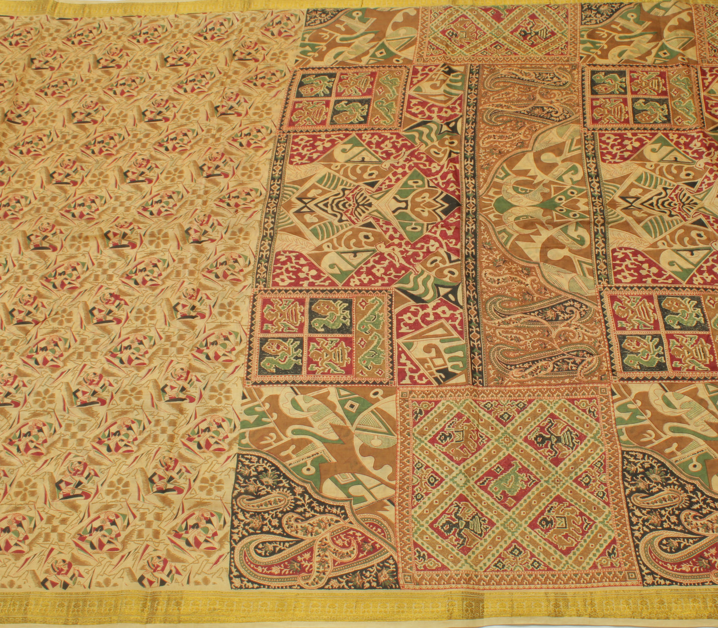 Sushila Vintage Cream Saree 100% Pure Silk Printed Human Soft Craft Fabric