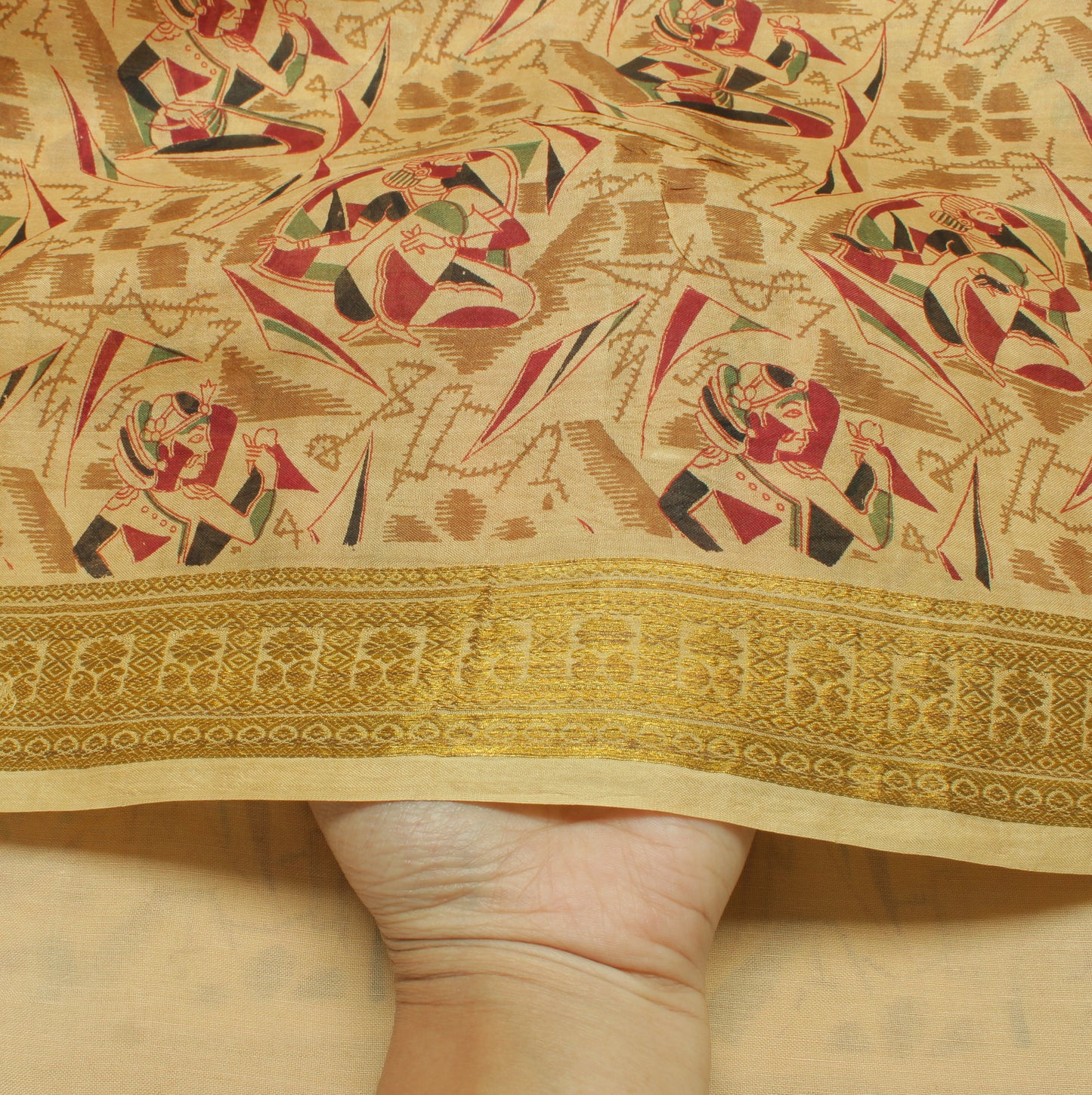 Sushila Vintage Cream Saree 100% Pure Silk Printed Human Soft Craft Fabric