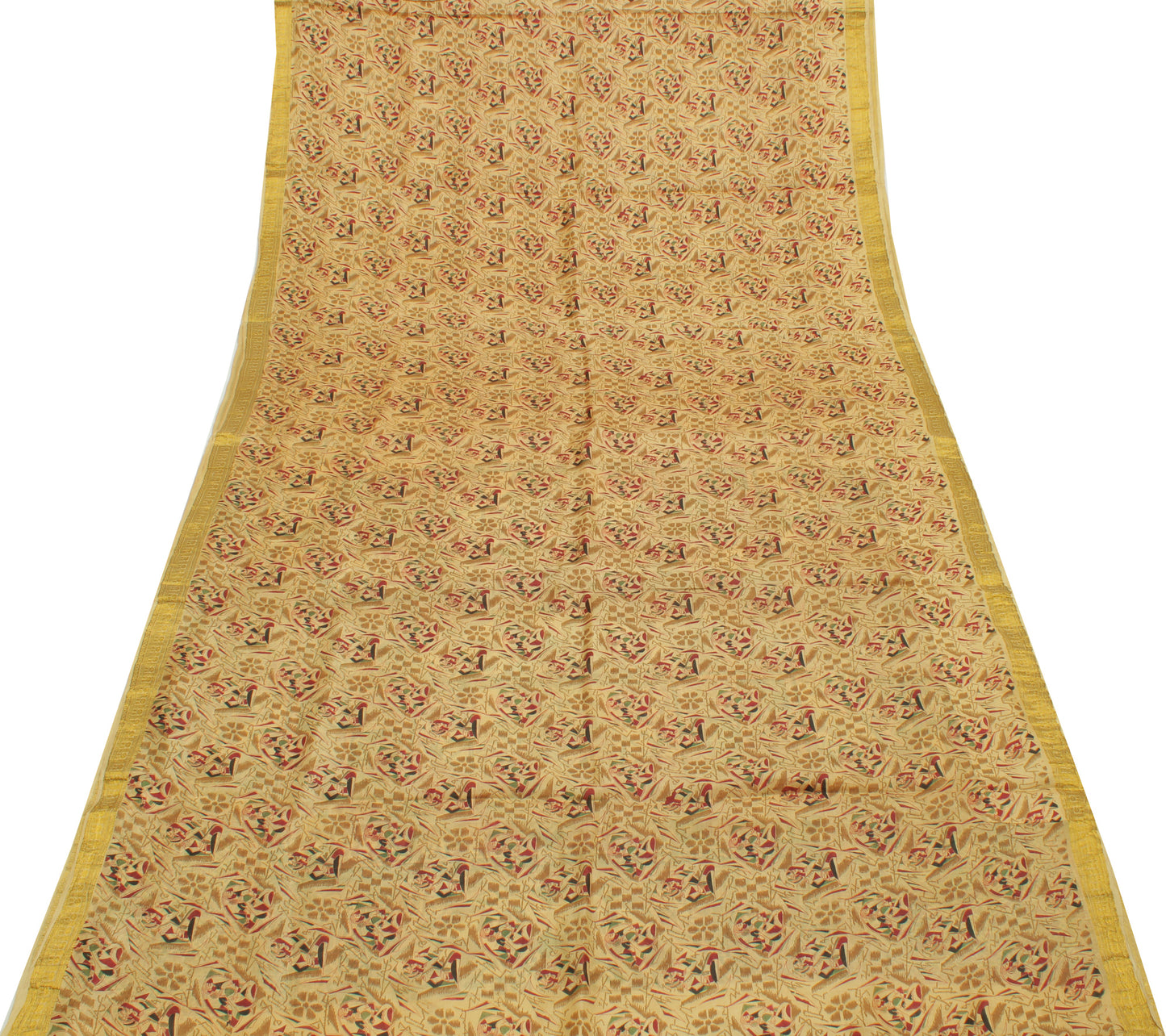 Sushila Vintage Cream Saree 100% Pure Silk Printed Human Soft Craft Fabric