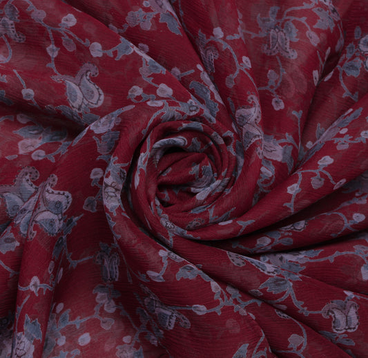 Sushila Vintage Maroon Saree 100% Pure Chiffon  Printed Floral Soft Craft Fabric