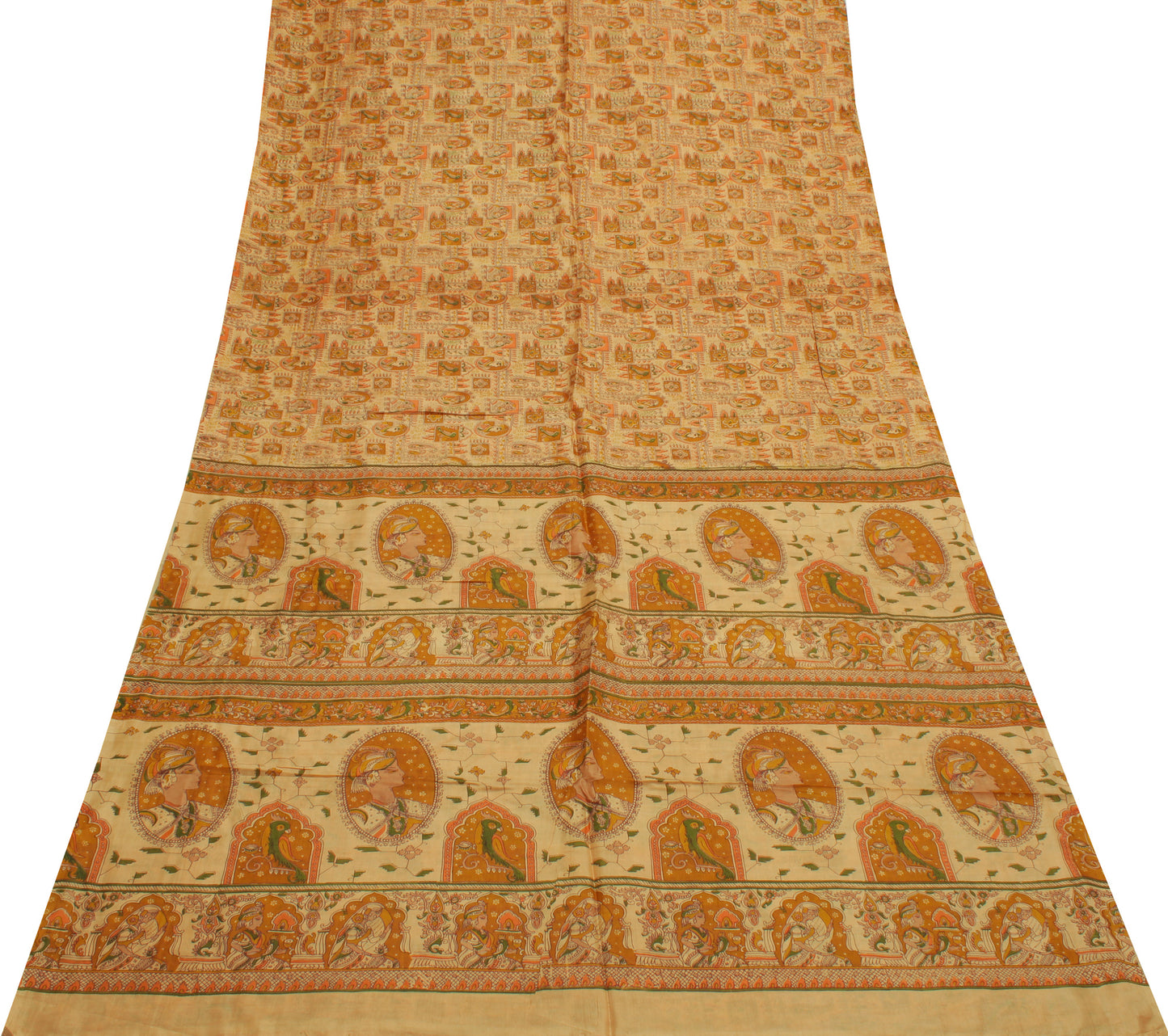 Sushila Vintage Cream Saree 100% Pure Silk Printed Human Birds Soft Craft Fabric