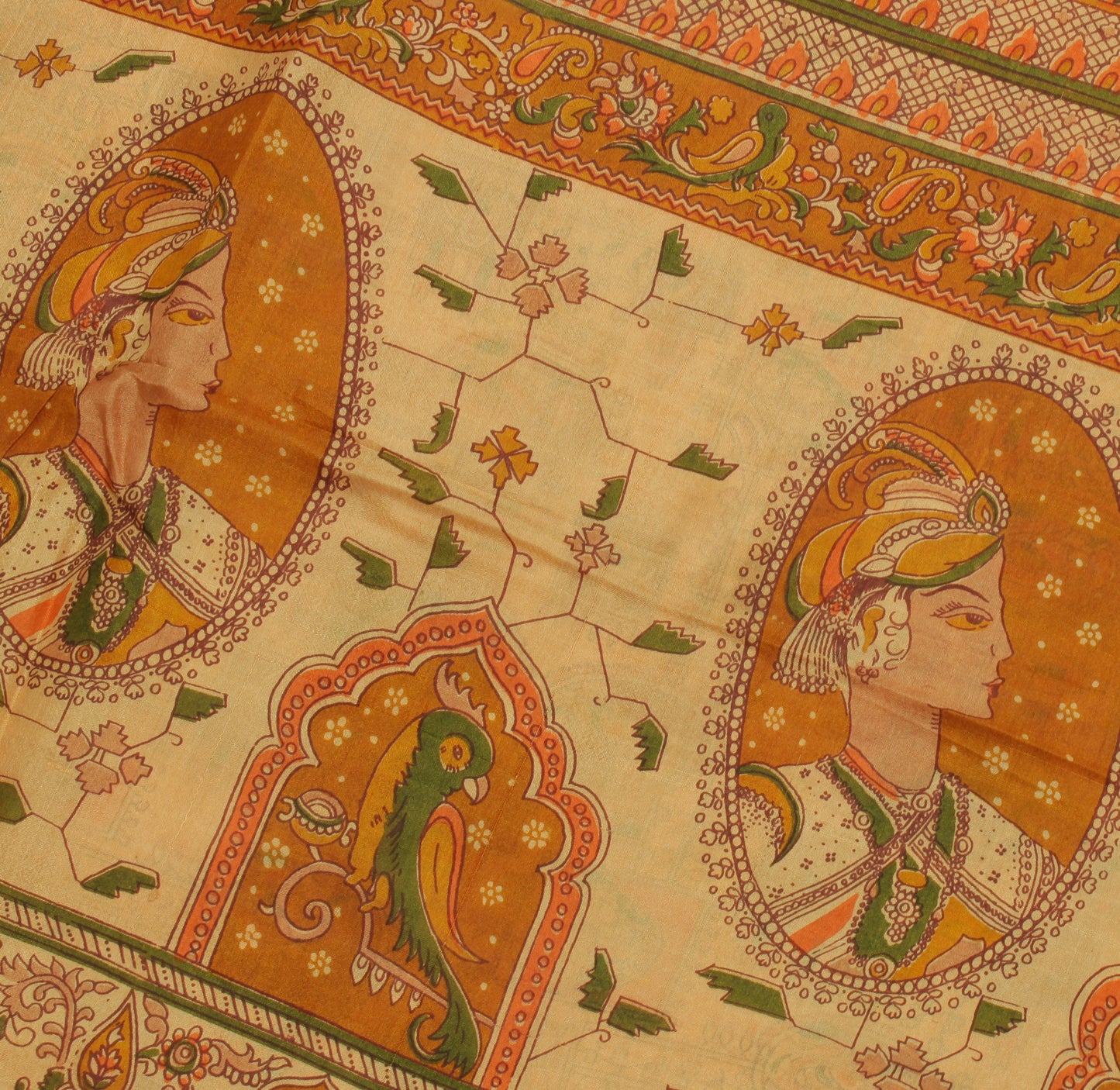 Sushila Vintage Cream Saree 100% Pure Silk Printed Human Birds Soft Craft Fabric
