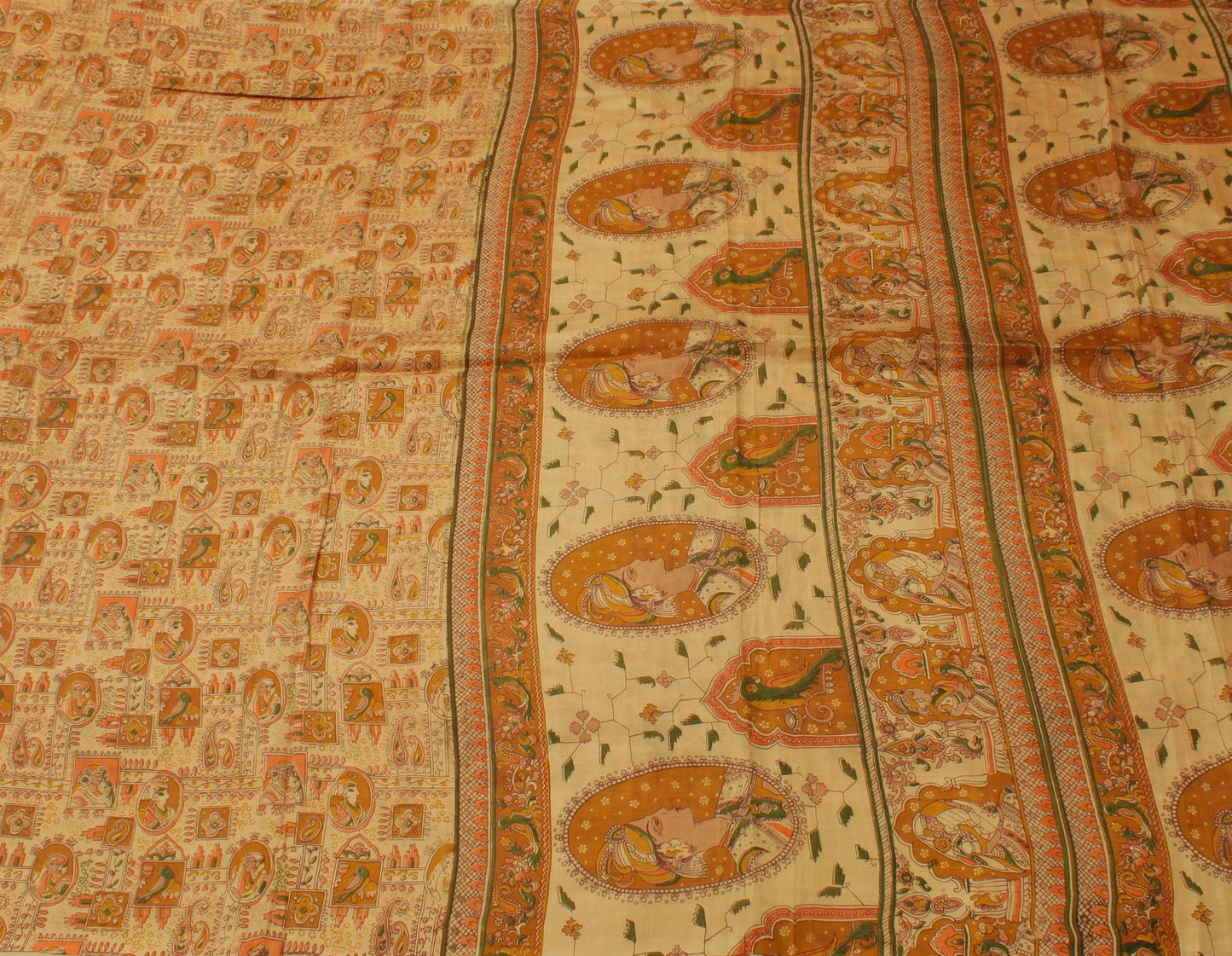 Sushila Vintage Cream Saree 100% Pure Silk Printed Human Birds Soft Craft Fabric