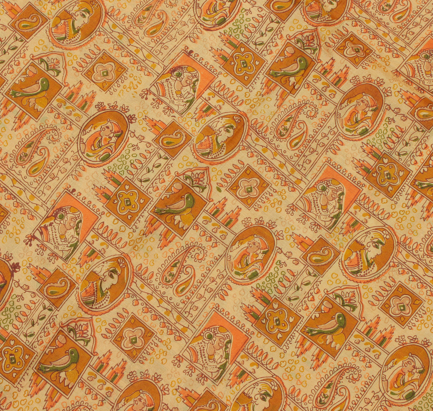 Sushila Vintage Cream Saree 100% Pure Silk Printed Human Birds Soft Craft Fabric