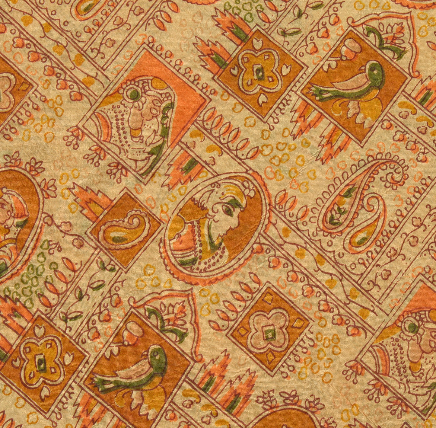 Sushila Vintage Cream Saree 100% Pure Silk Printed Human Birds Soft Craft Fabric