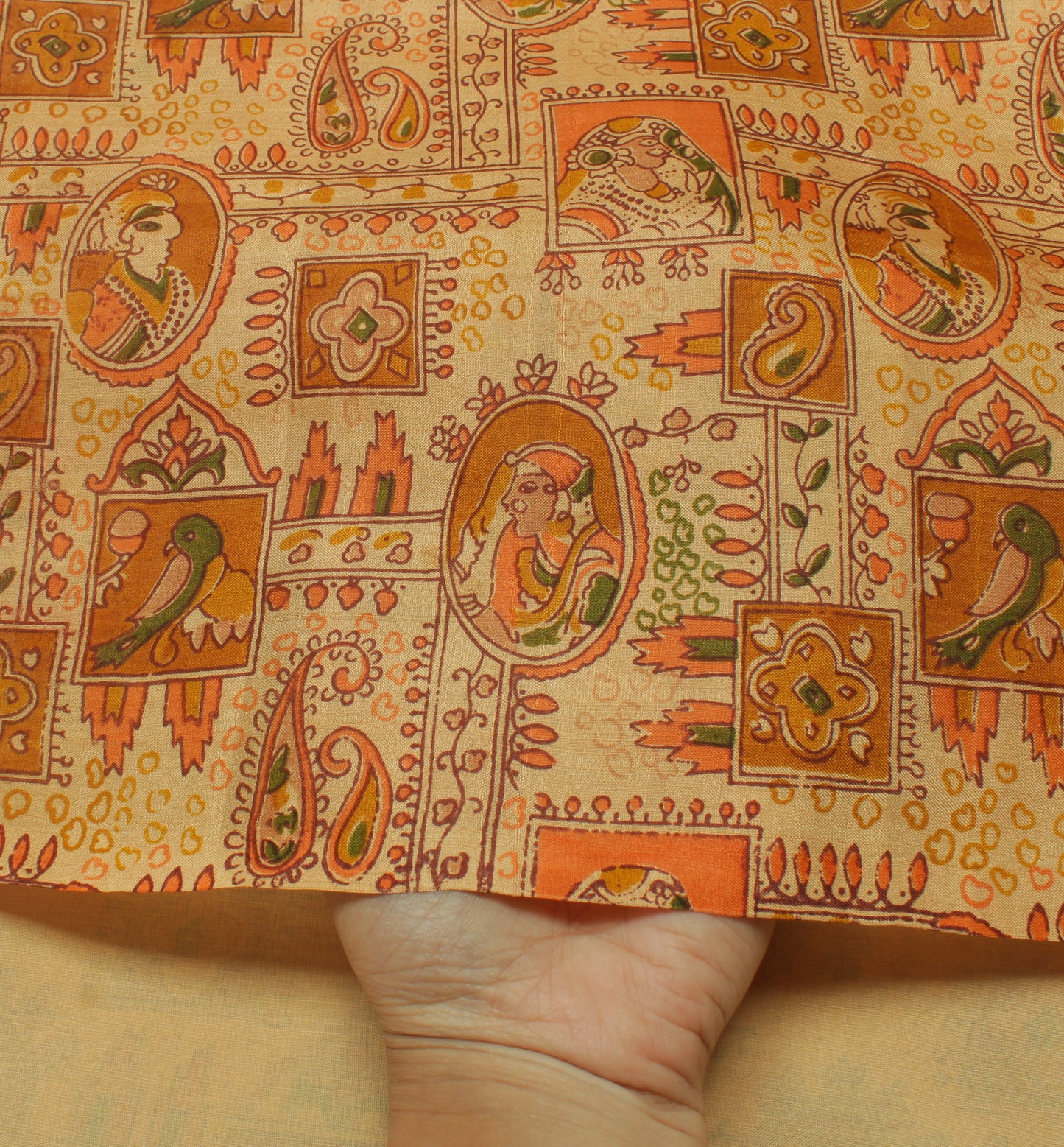 Sushila Vintage Cream Saree 100% Pure Silk Printed Human Birds Soft Craft Fabric