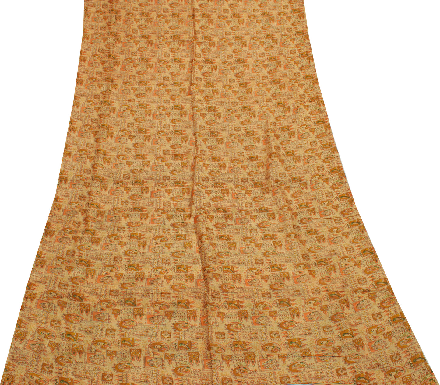 Sushila Vintage Cream Saree 100% Pure Silk Printed Human Birds Soft Craft Fabric