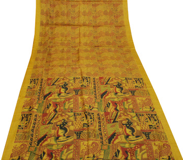 Sushila Vintage Mustard Indian Saree 100% Pure Silk Printed Soft Craft Fabric