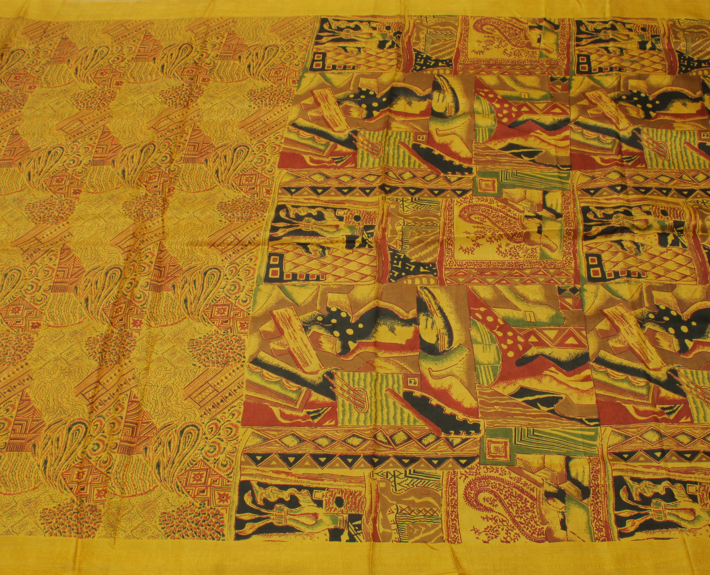 Sushila Vintage Mustard Indian Saree 100% Pure Silk Printed Soft Craft Fabric
