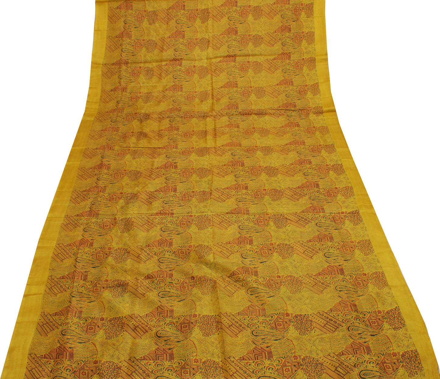 Sushila Vintage Mustard Indian Saree 100% Pure Silk Printed Soft Craft Fabric