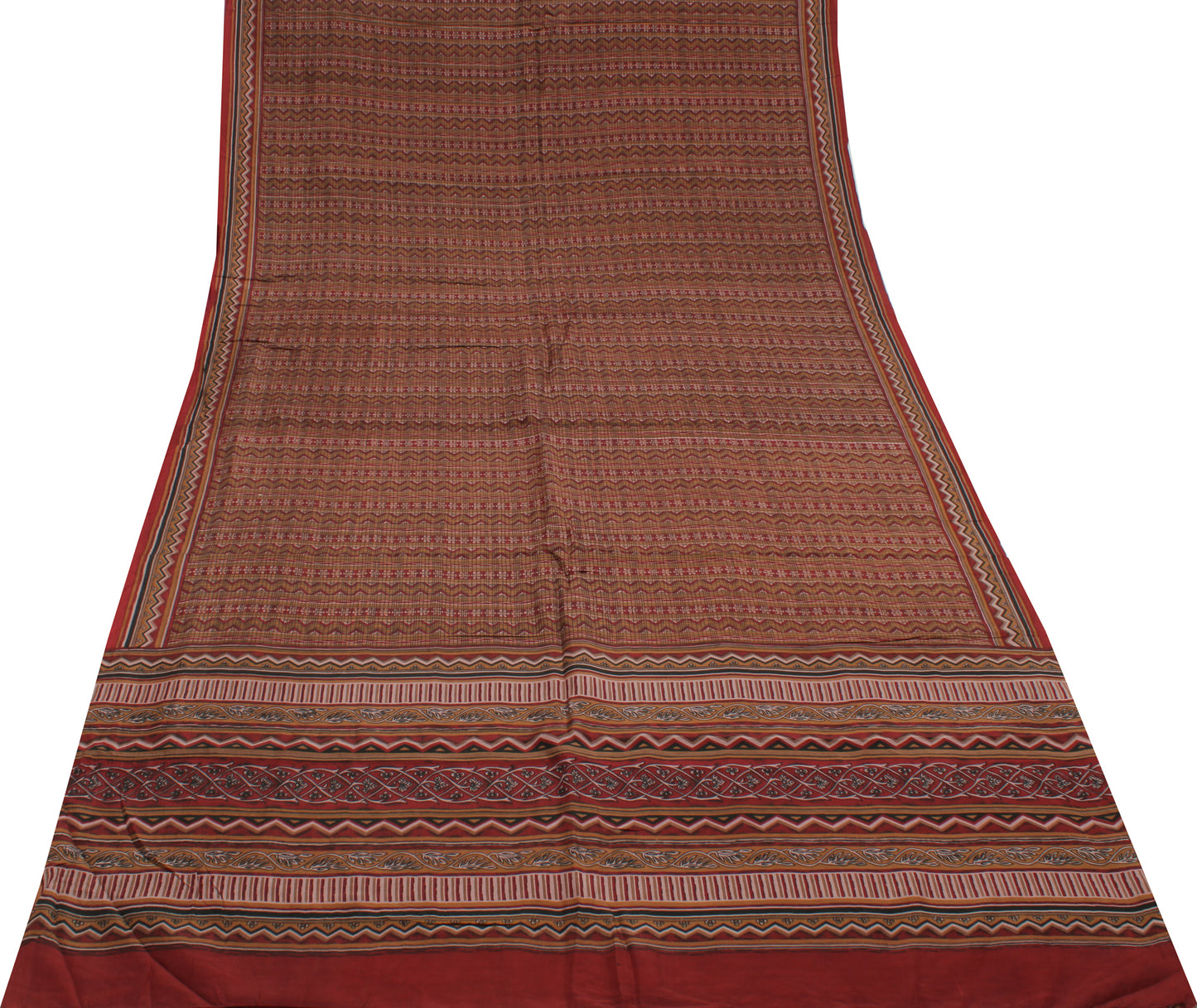 Sushila Vintage Indian Saree 100% Pure Silk Printed Zig-Zag  Soft Craft Fabric