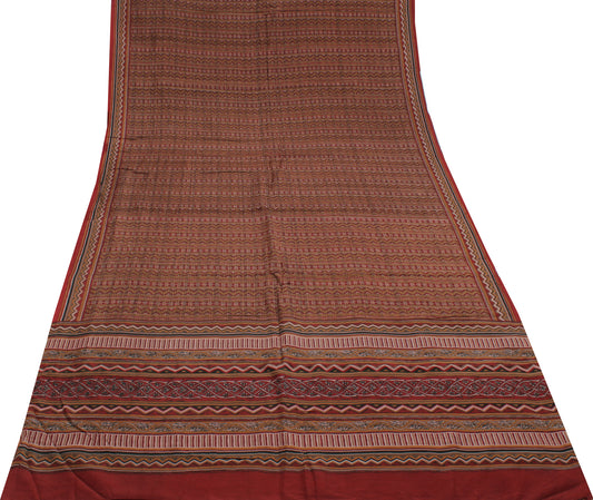 Sushila Vintage Indian Saree 100% Pure Silk Printed Zig-Zag  Soft Craft Fabric