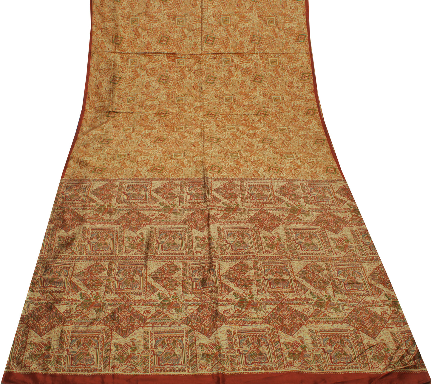 Sushila Vintage Cream Indian Saree 100% Pure Silk Printed Soft Craft Fabric