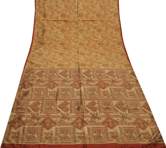 Sushila Vintage Cream Indian Saree 100% Pure Silk Printed Soft Craft Fabric
