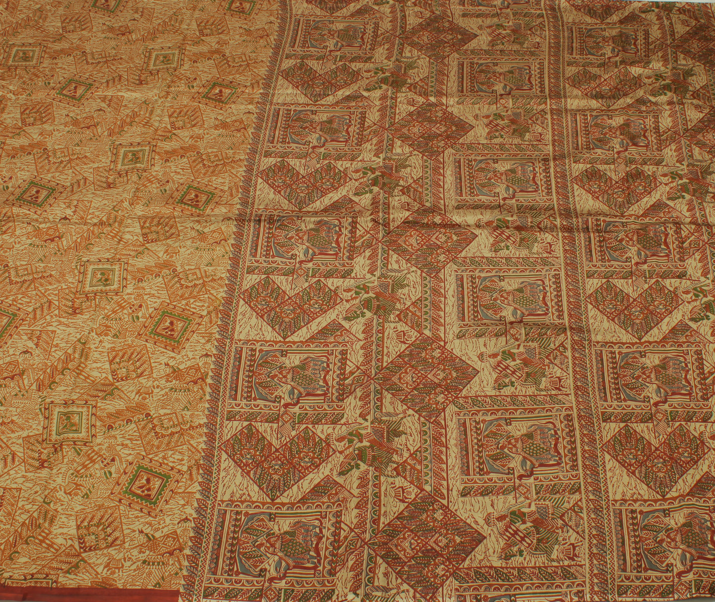 Sushila Vintage Cream Indian Saree 100% Pure Silk Printed Soft Craft Fabric