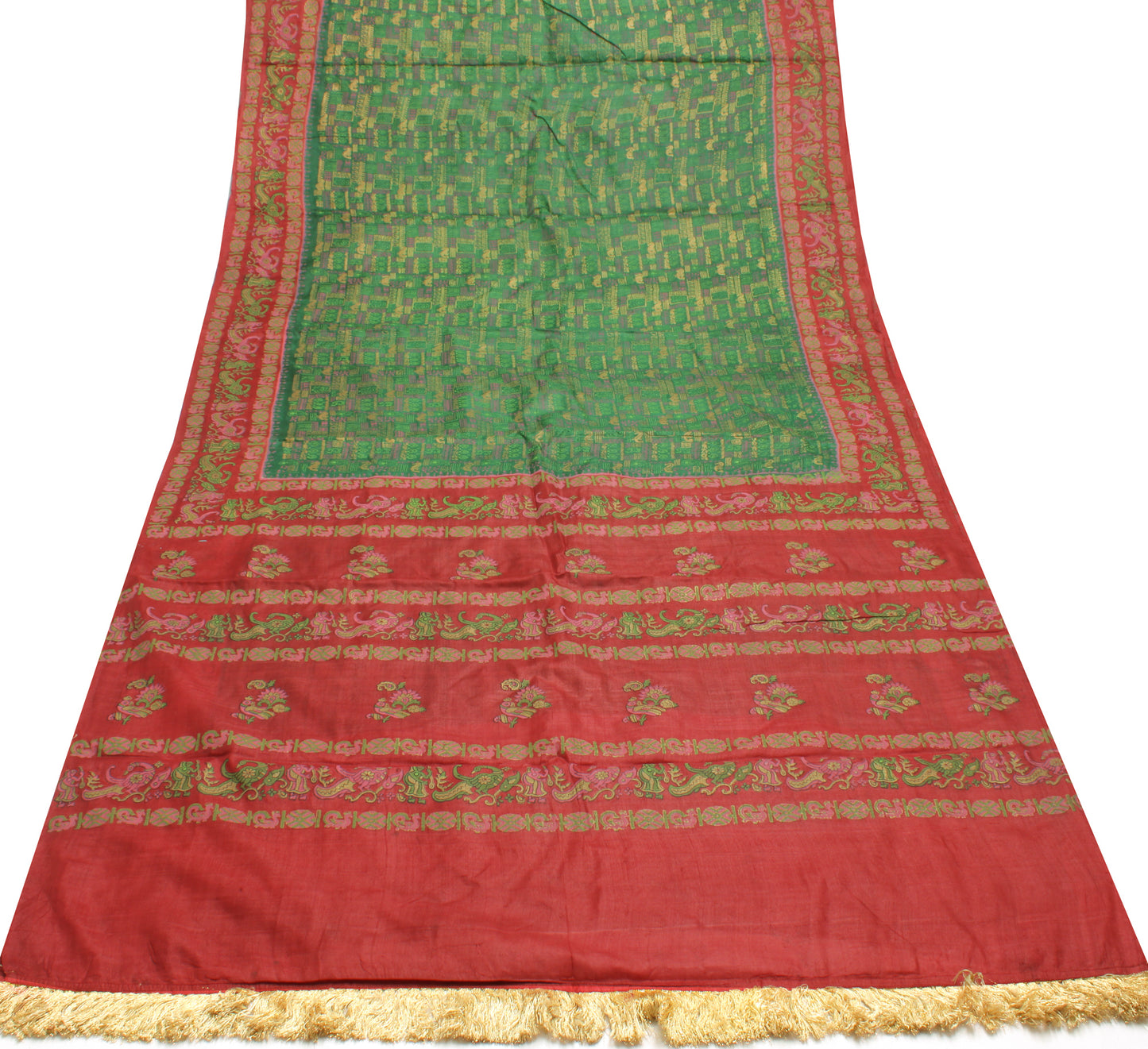 Sushila Vintage Green Indian Saree 100% Pure Silk Printed Craft Sari Fabric