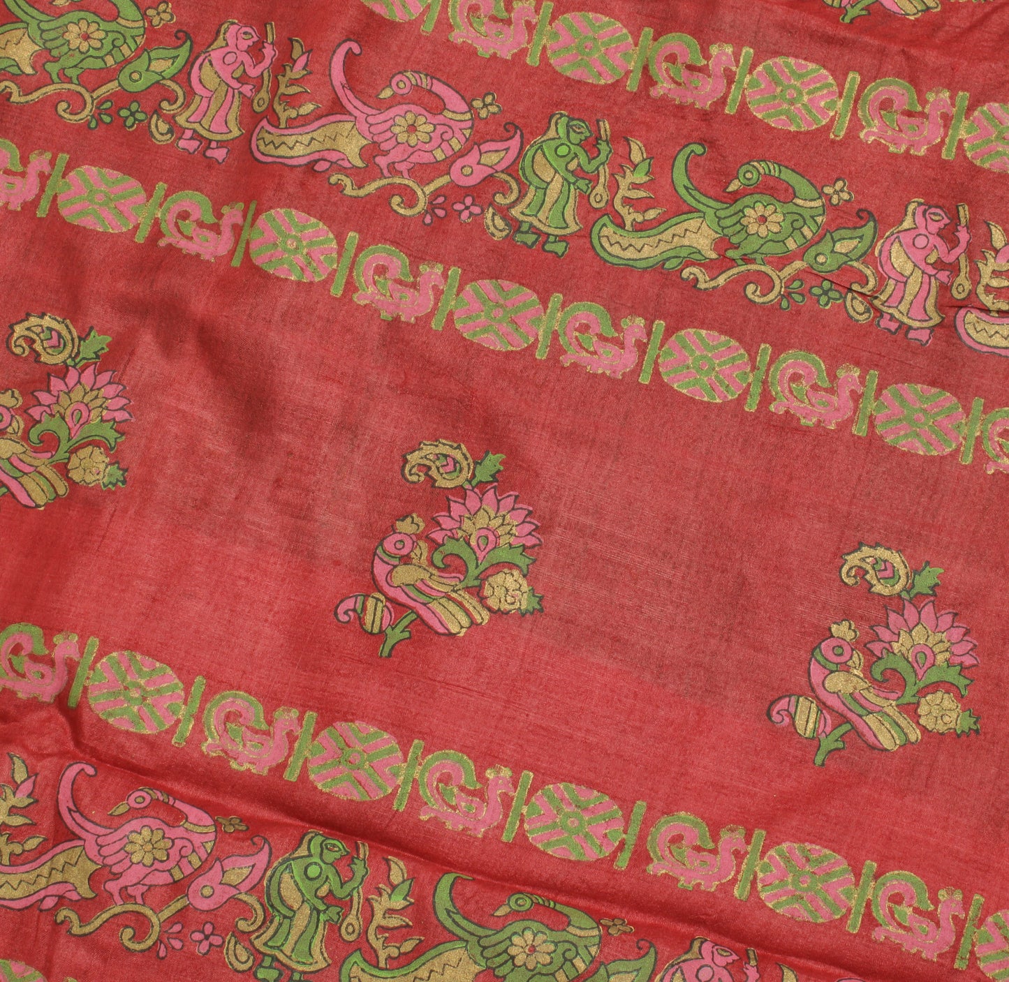 Sushila Vintage Green Indian Saree 100% Pure Silk Printed Craft Sari Fabric