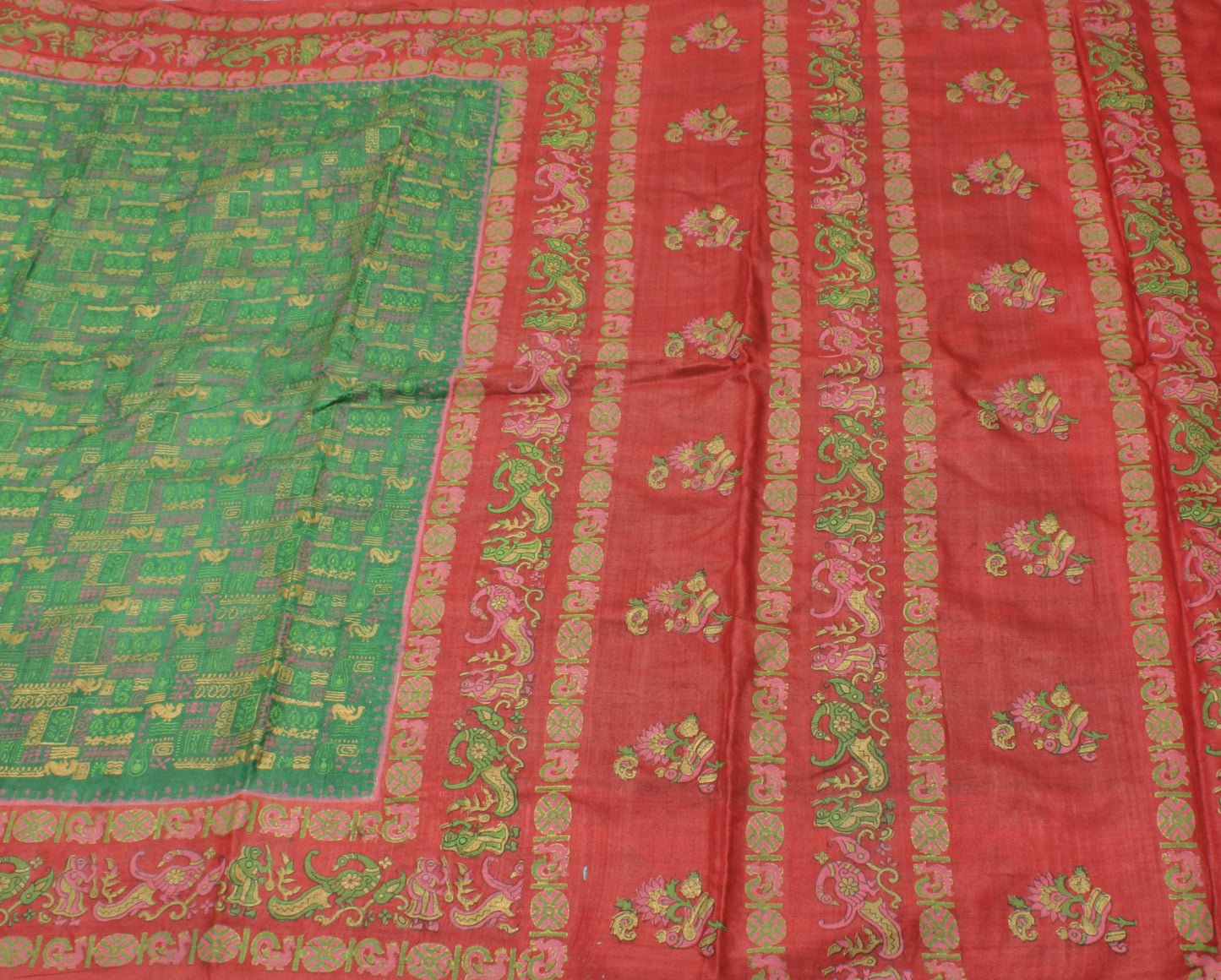 Sushila Vintage Green Indian Saree 100% Pure Silk Printed Craft Sari Fabric
