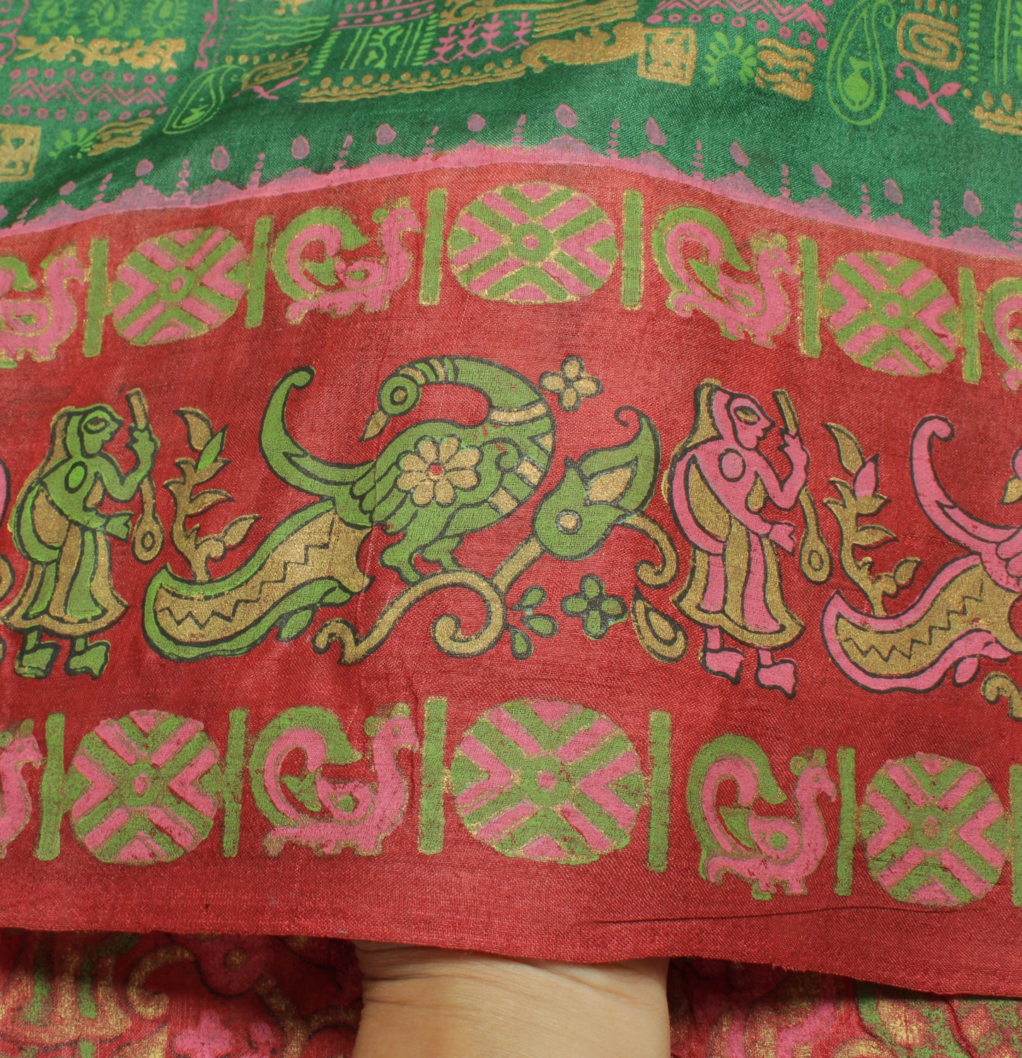 Sushila Vintage Green Indian Saree 100% Pure Silk Printed Craft Sari Fabric