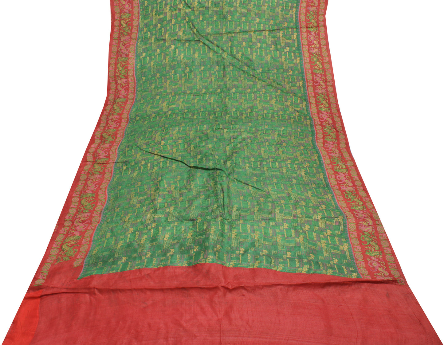 Sushila Vintage Green Indian Saree 100% Pure Silk Printed Craft Sari Fabric