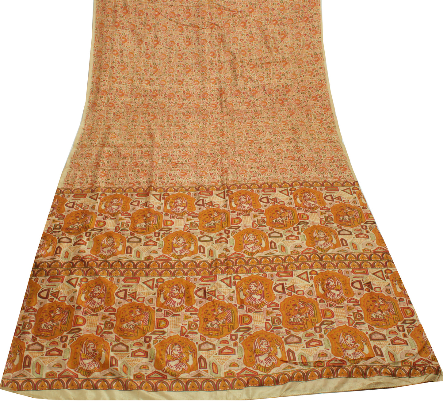 Sushila Vintage Cream Indian Saree 100% Pure Silk Printed  Soft Craft Fabric