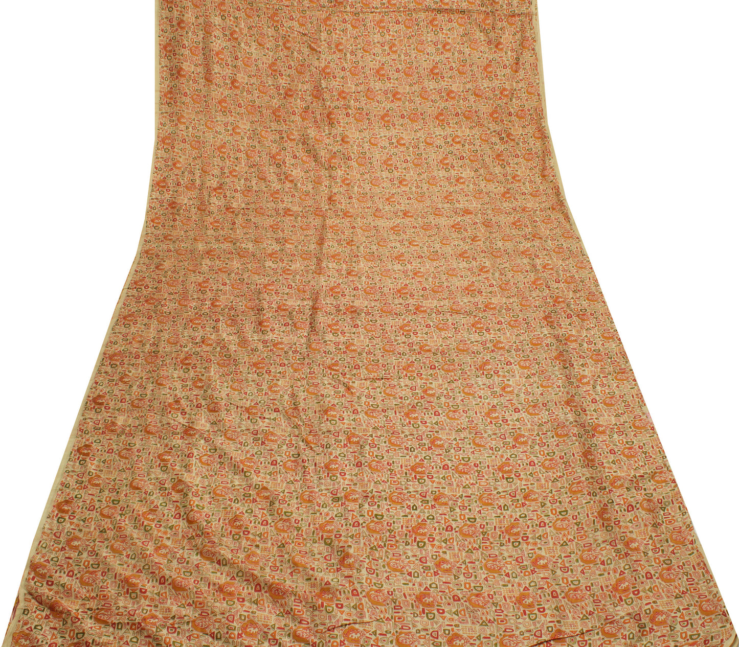 Sushila Vintage Cream Indian Saree 100% Pure Silk Printed  Soft Craft Fabric