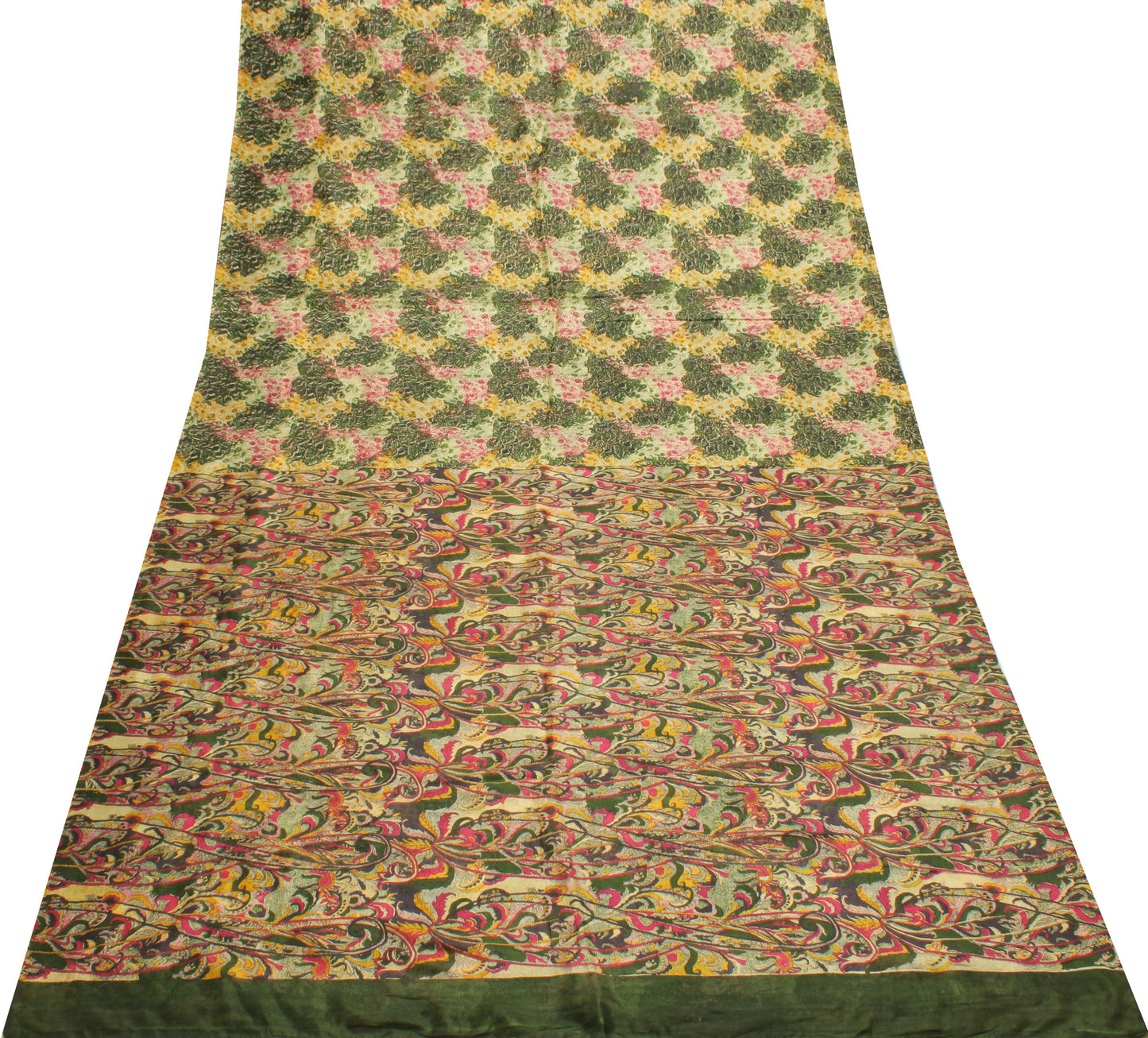 Sushila Vintage Cream Indian Saree 100% Pure Silk Printed Soft Craft Fabric