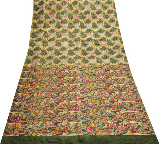Sushila Vintage Cream Indian Saree 100% Pure Silk Printed Soft Craft Fabric