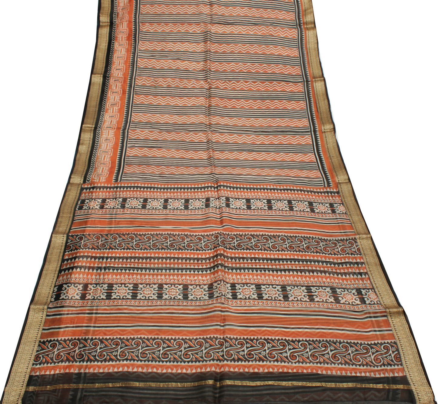 Sushila Vintage Indain Saree 100% Pure Silk Printed Zig-Zag Soft Craft Fabric
