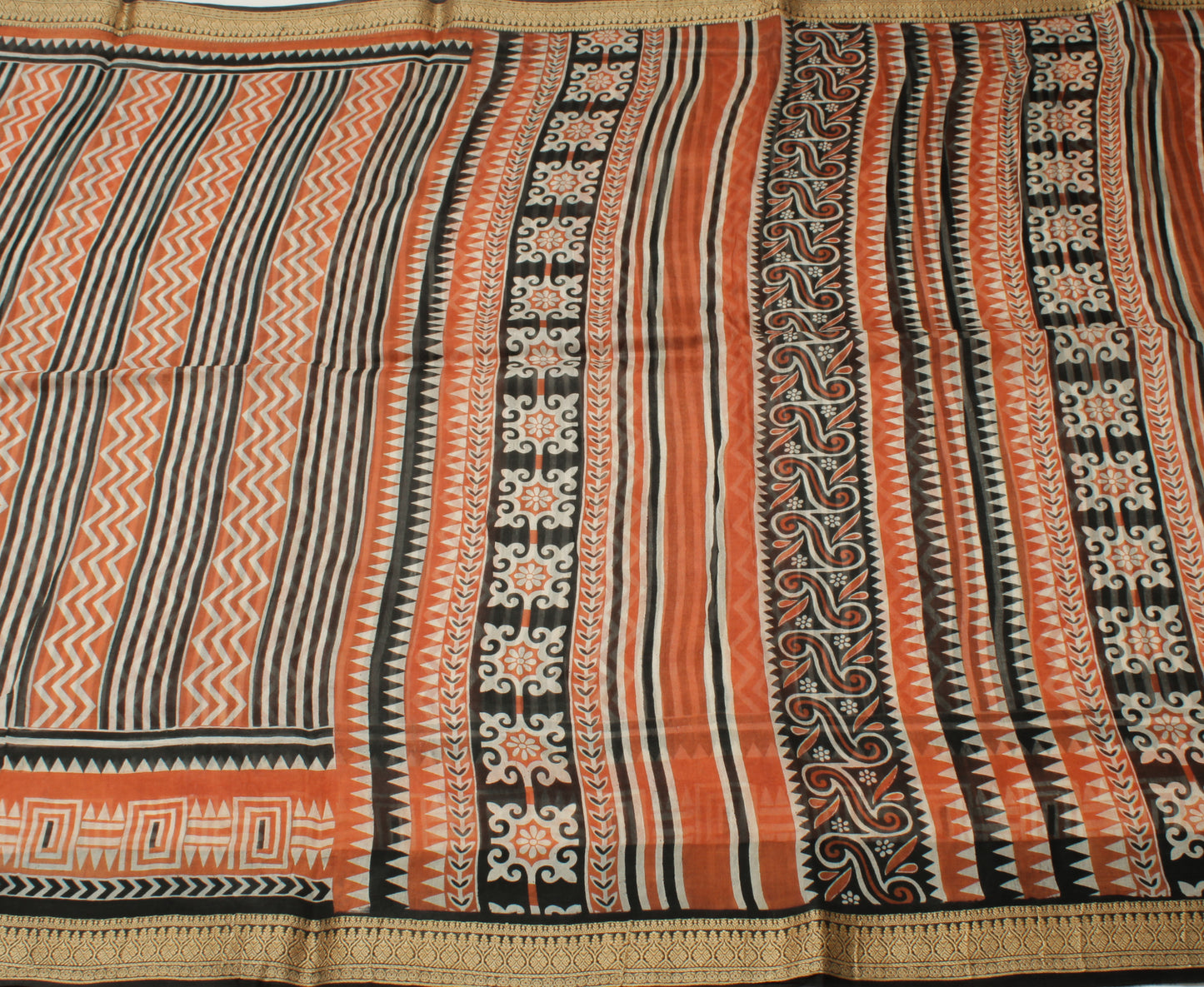 Sushila Vintage Indain Saree 100% Pure Silk Printed Zig-Zag Soft Craft Fabric