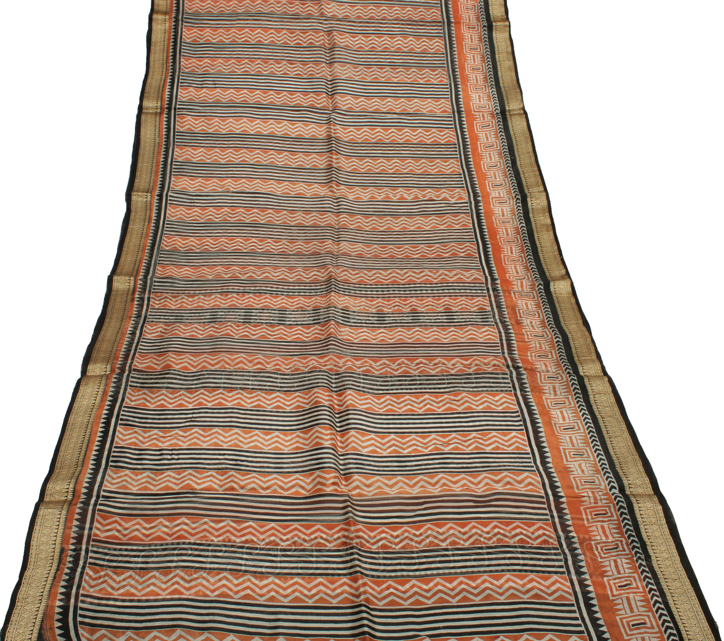 Sushila Vintage Indain Saree 100% Pure Silk Printed Zig-Zag Soft Craft Fabric
