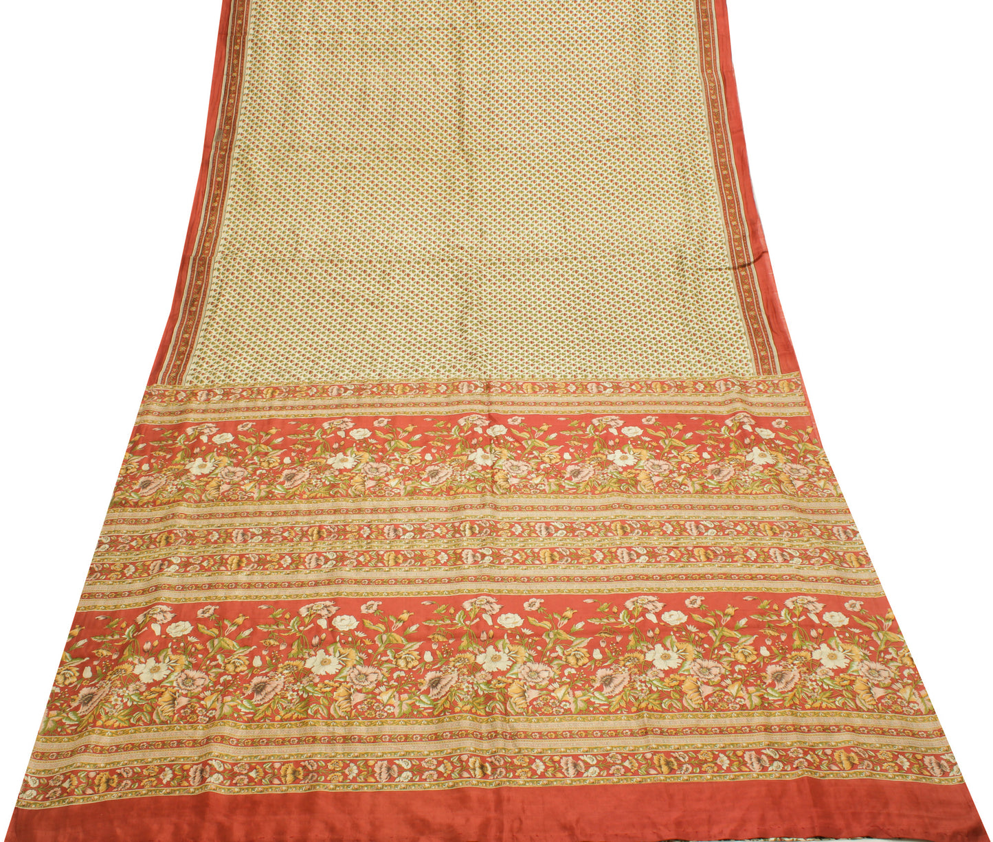 Sushila Vintage Cream Saree 100% Pure Silk Printed Floral Soft Craft Fabric