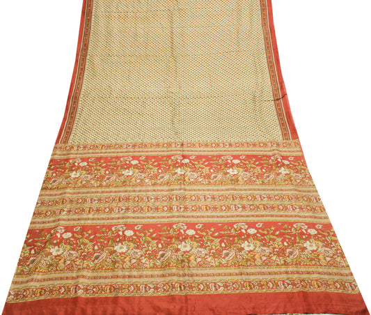 Sushila Vintage Cream Saree 100% Pure Silk Printed Floral Soft Craft Fabric