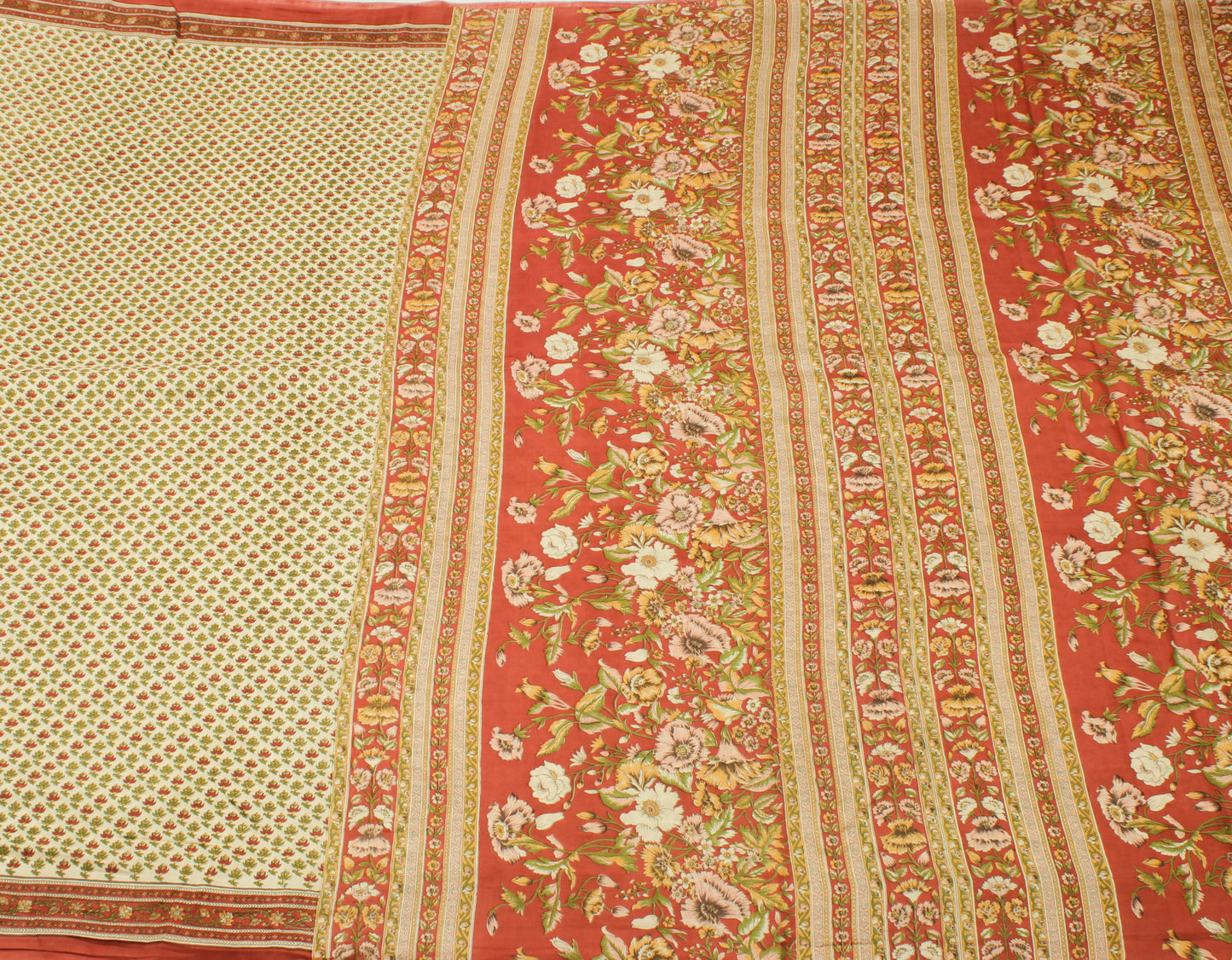 Sushila Vintage Cream Saree 100% Pure Silk Printed Floral Soft Craft Fabric