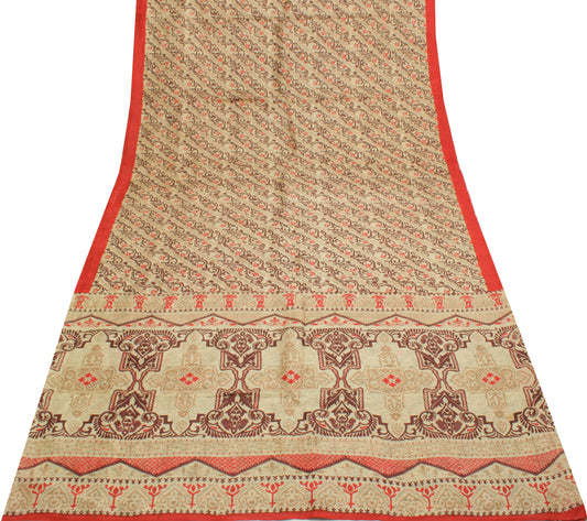 Sushila Vintage Cream Saree 100% Pure Silk Printed Floral Soft Craft Fabric