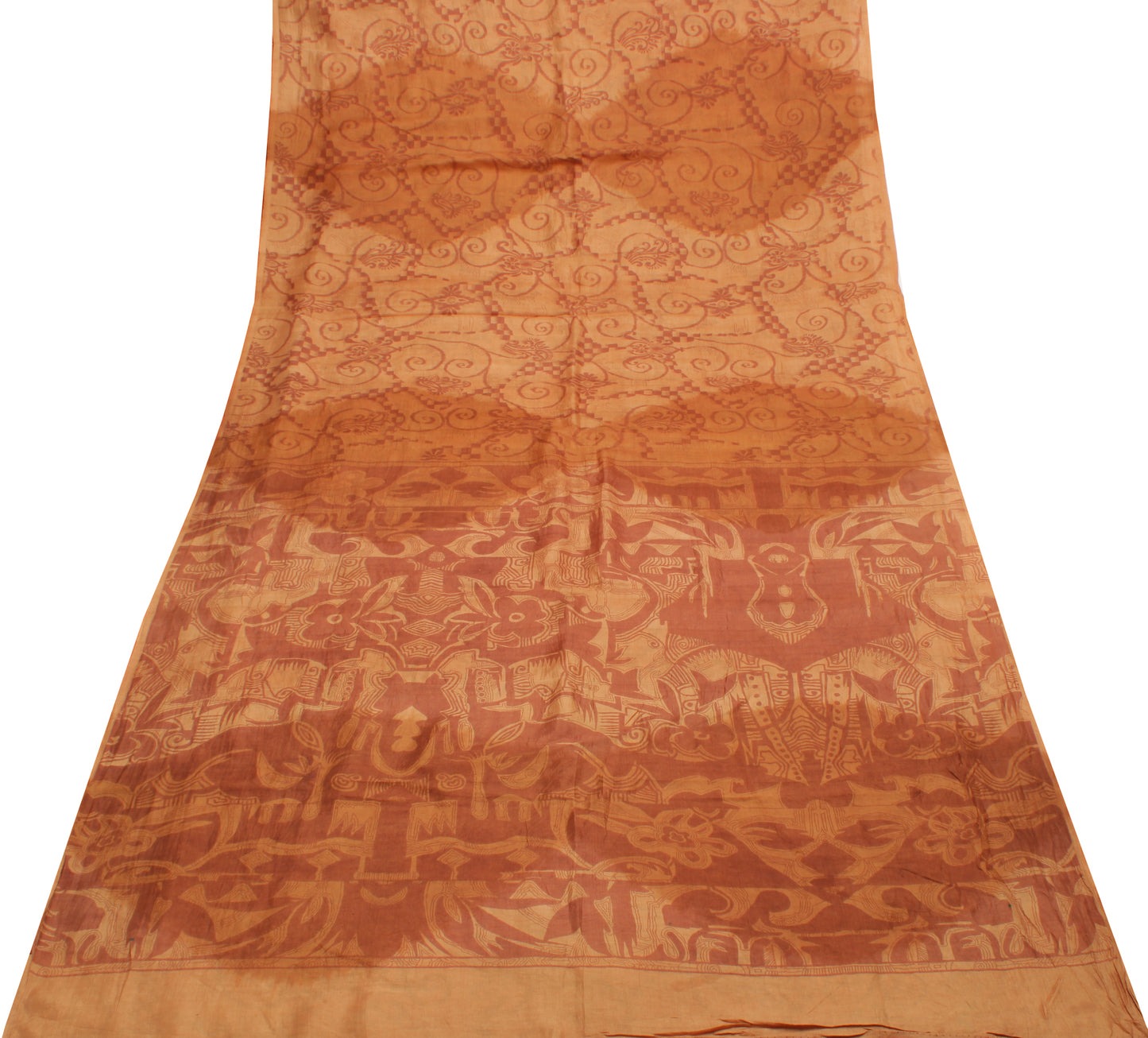 Sushila Vintage Brown Saree 100% Pure Silk Printed Floral Soft Craft Fabric