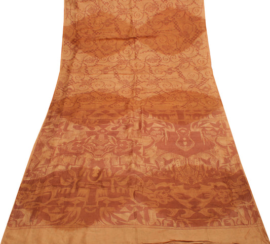 Sushila Vintage Brown Saree 100% Pure Silk Printed Floral Soft Craft Fabric