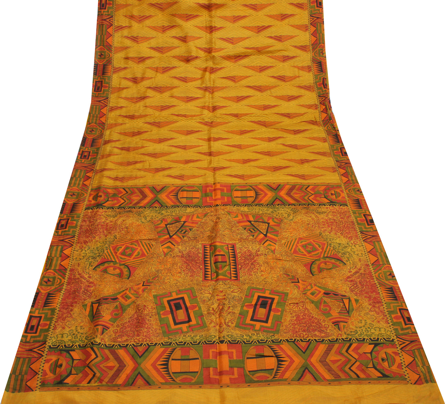 Sushila Vintage Mustard Indian Saree 100% Pure Silk Printed Soft Craft Fabric