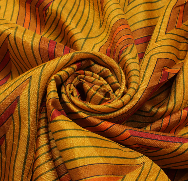 Sushila Vintage Mustard Indian Saree 100% Pure Silk Printed Soft Craft Fabric